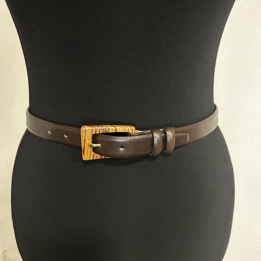 Saks Fifth Avenue Brown Leather Wood Buckle Belt Sz L New